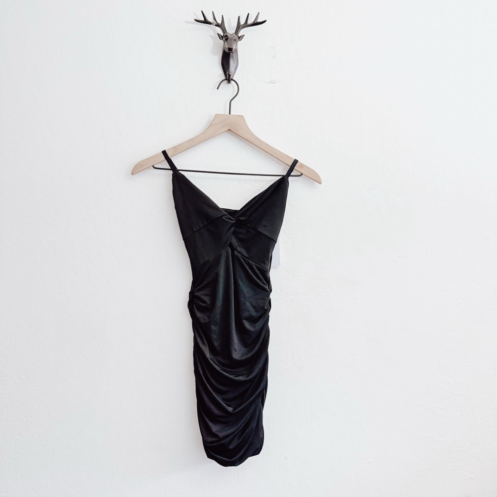KATIEJ NYC Women's Black Spaghetti Strap Ruched Mini Dress Medium NWT